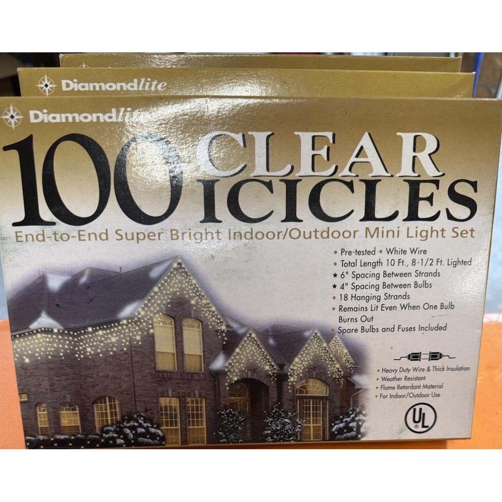 Diamondlite 100 Clear Icicles Bright Indoor/Outdoor Mini Light Set Lot Of 3 NOS
